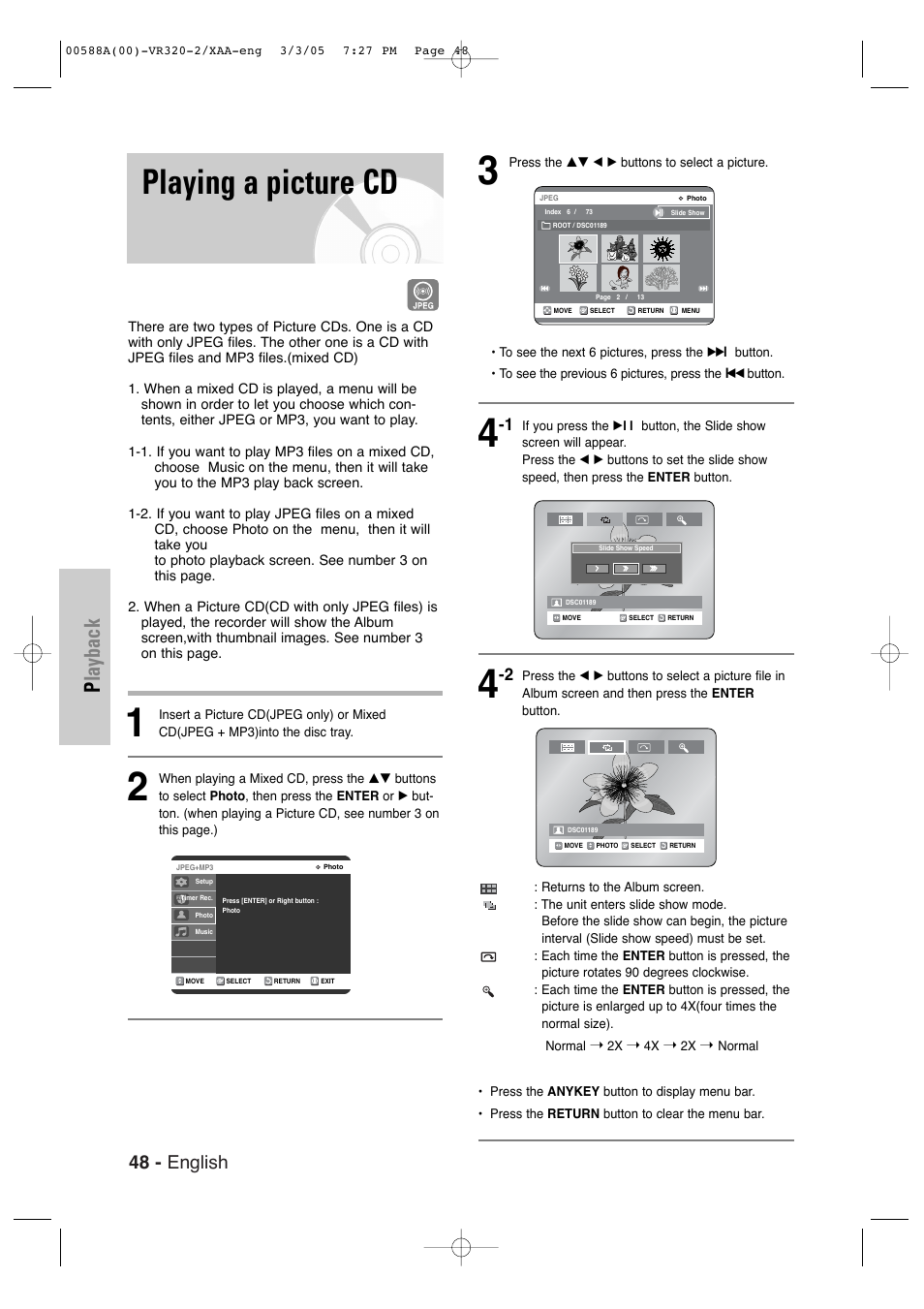 Playing a picture cd, Playback, 48 - english | Samsung DVD-VR320-AXAA User Manual | Page 48 / 88