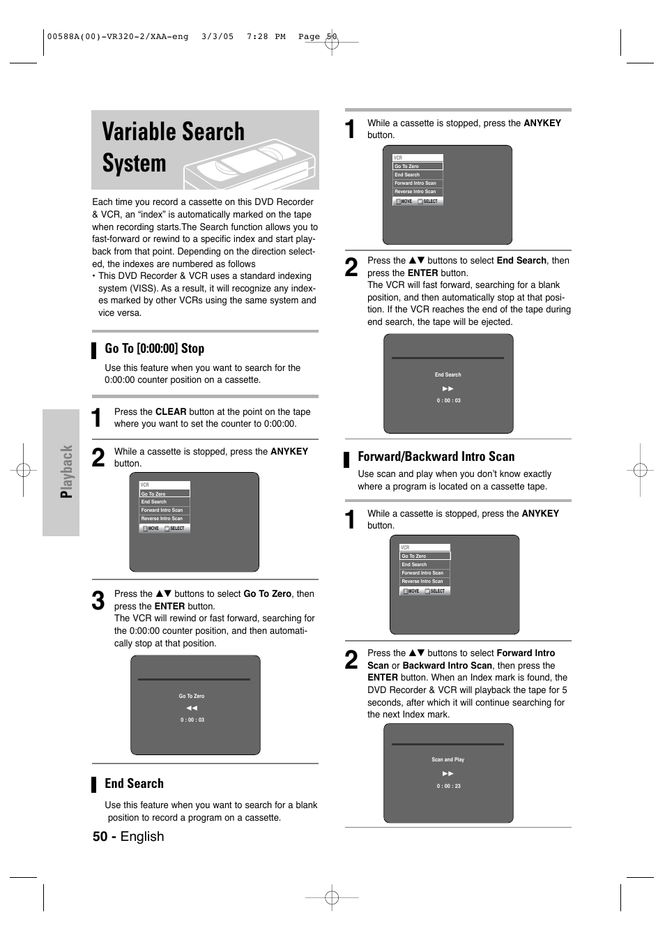 Variable search system, Playback, End search | 50 - english, Forward/backward intro scan | Samsung DVD-VR320-AXAA User Manual | Page 50 / 88
