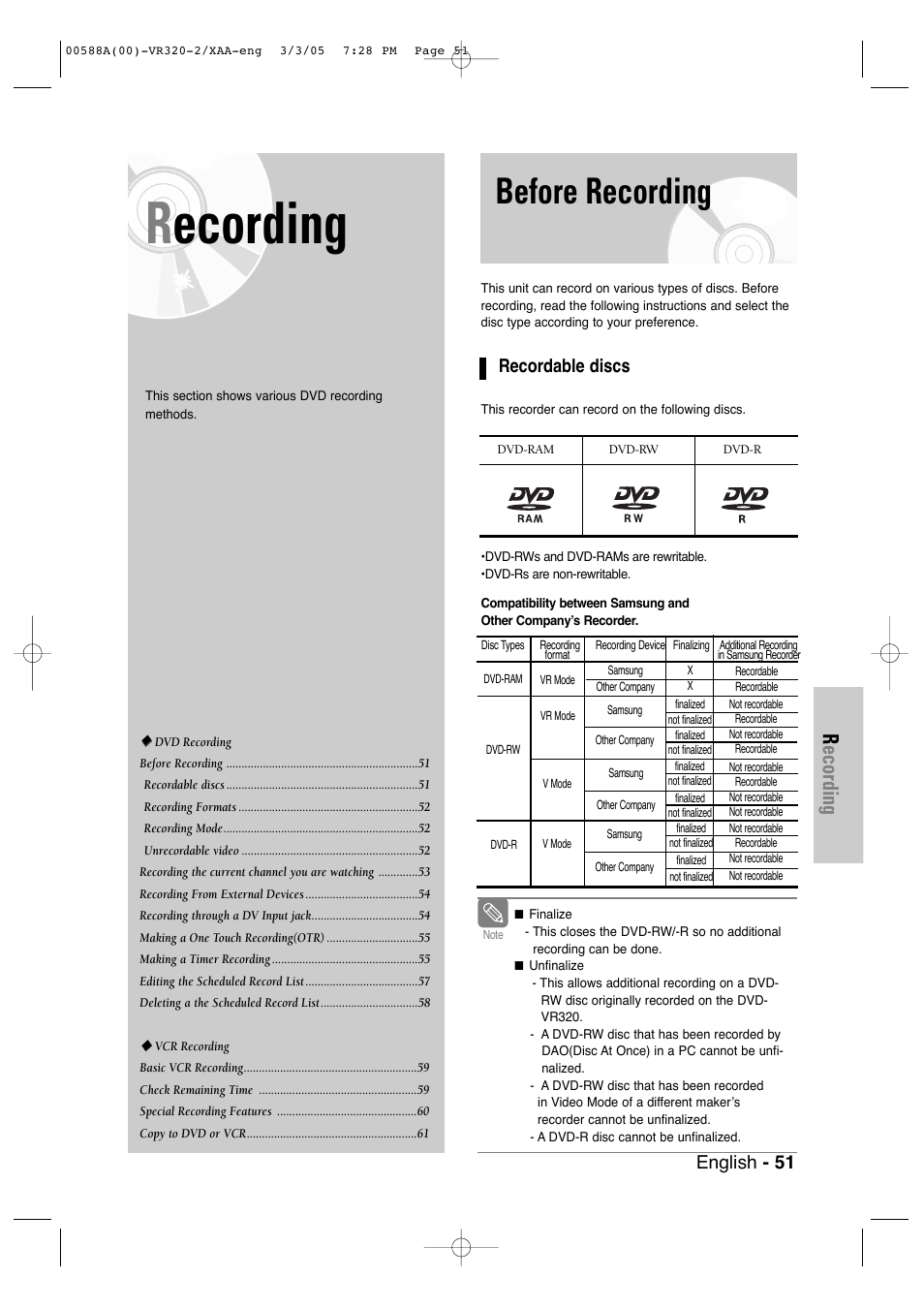Recording, Before recording, Recordable discs | English - 51 | Samsung DVD-VR320-AXAA User Manual | Page 51 / 88