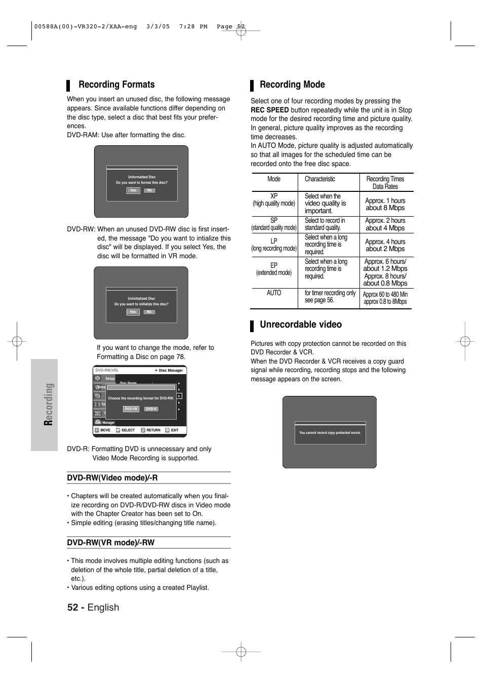 Recording, 52 - english, Recording formats | Recording mode, Unrecordable video, Dvd-rw(video mode)/-r, Dvd-rw(vr mode)/-rw | Samsung DVD-VR320-AXAA User Manual | Page 52 / 88