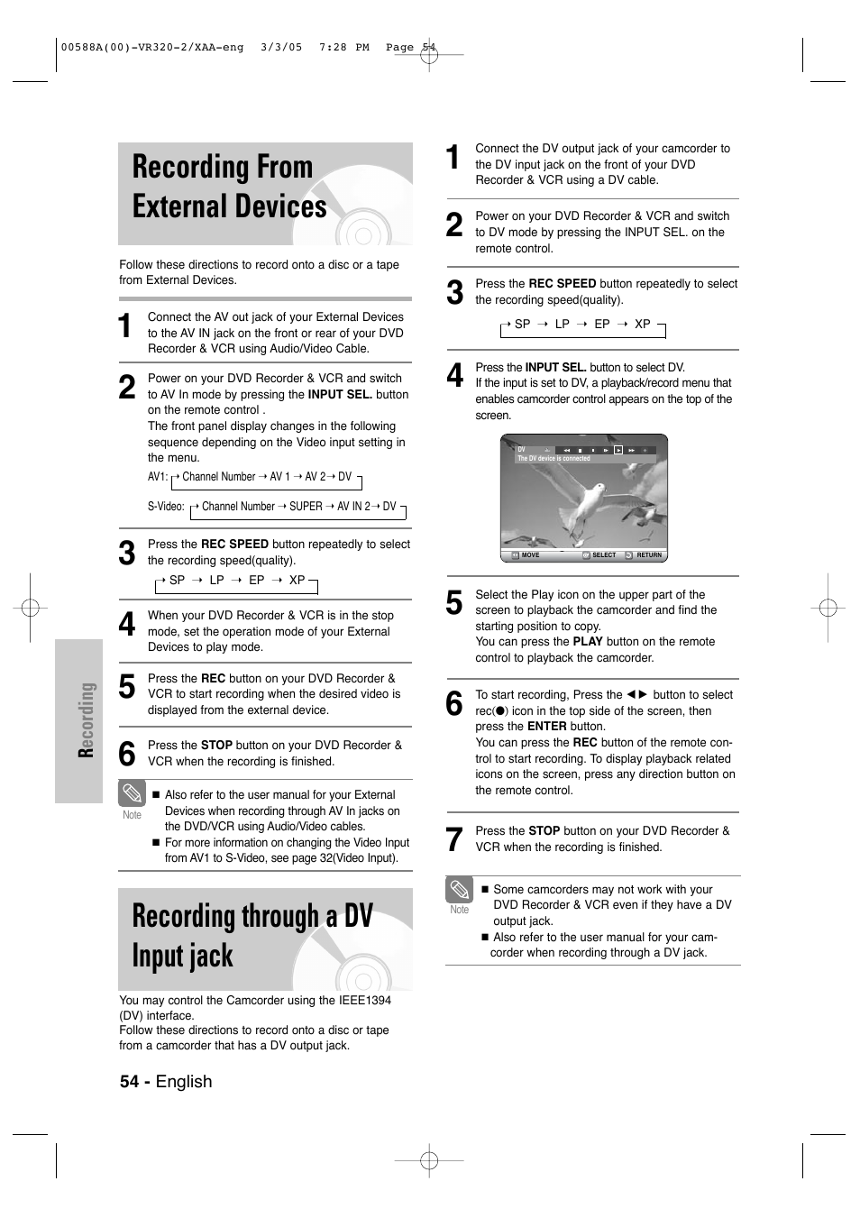 Recording from external devices, Recording through a dv input jack | Samsung DVD-VR320-AXAA User Manual | Page 54 / 88
