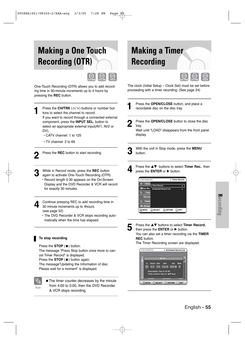 Making a one touch recording (otr), Making a timer recording, Recording | English - 55 | Samsung DVD-VR320-AXAA User Manual | Page 55 / 88