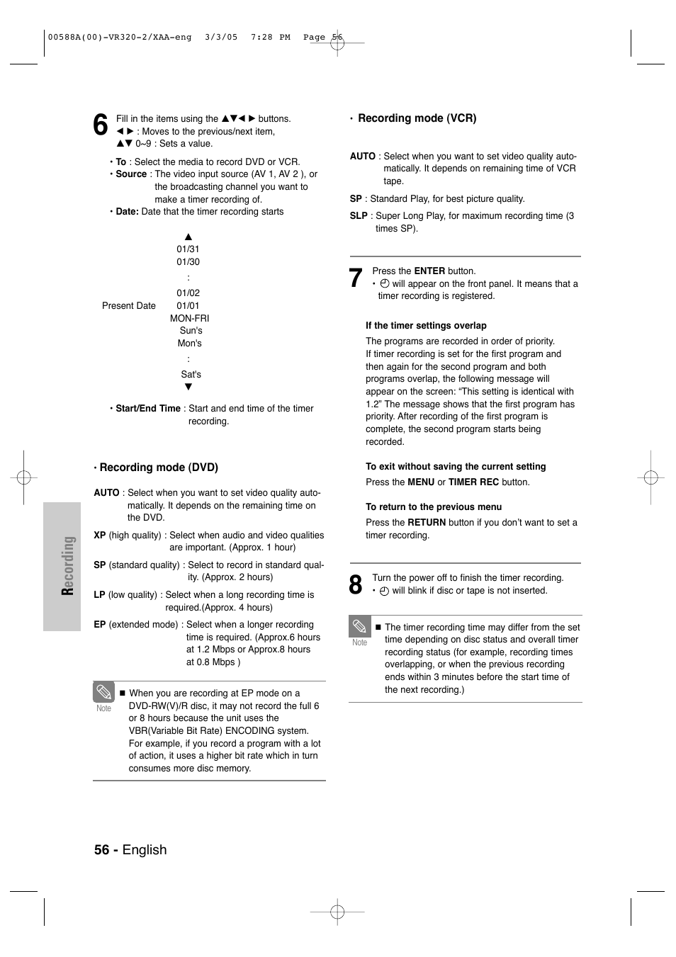 Recording, 56 - english | Samsung DVD-VR320-AXAA User Manual | Page 56 / 88