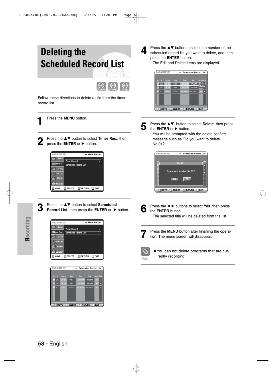 Deleting the scheduled record list, Recording, 58 - english | Press the menu button | Samsung DVD-VR320-AXAA User Manual | Page 58 / 88