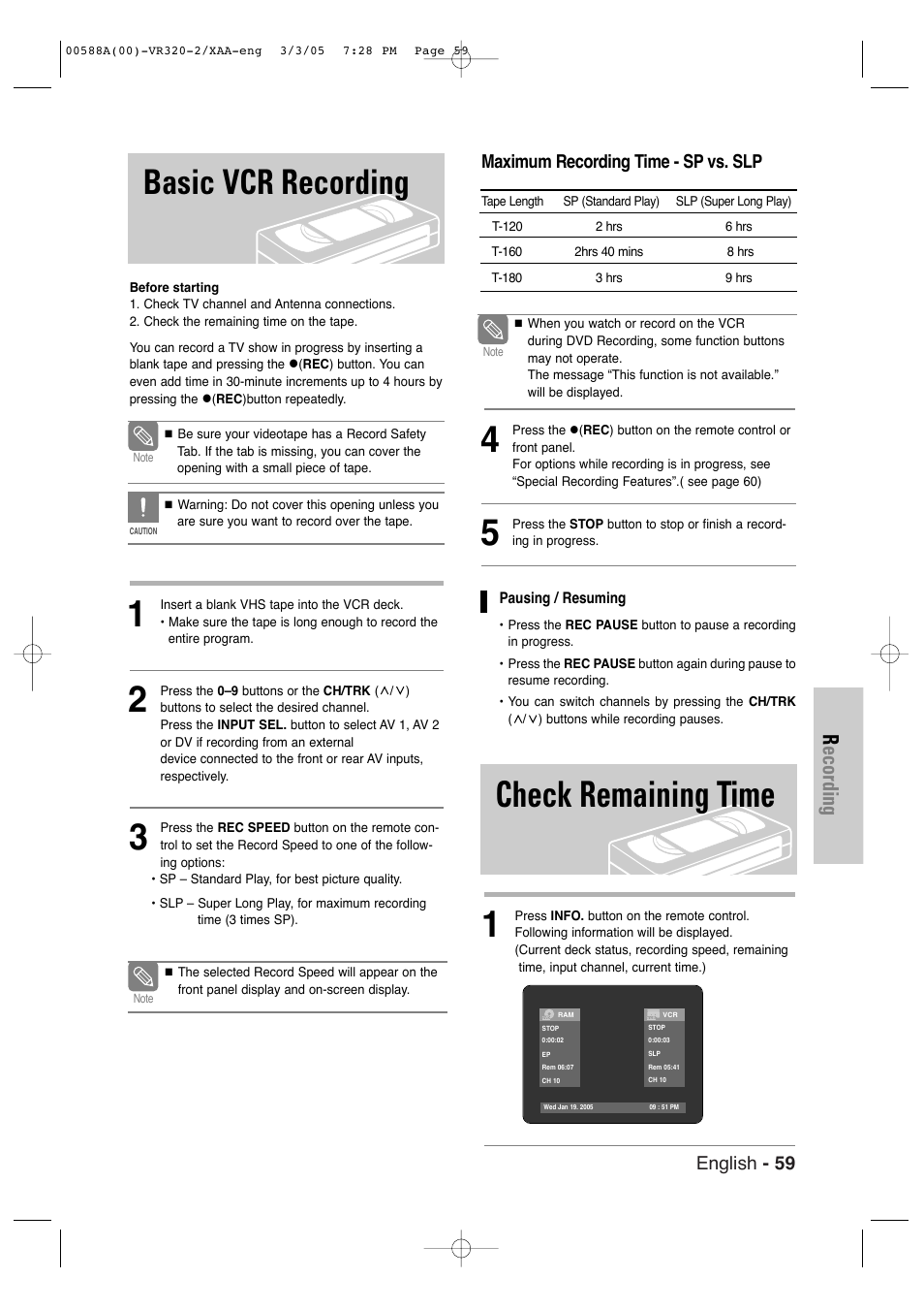 Basic vcr recording, Check remaining time, Recording | English - 59, Maximum recording time - sp vs. slp | Samsung DVD-VR320-AXAA User Manual | Page 59 / 88