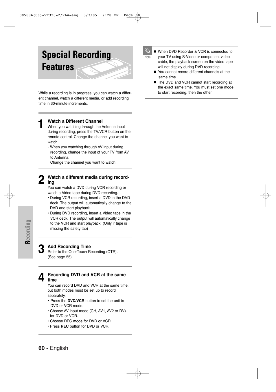 Special recording features, Recording | Samsung DVD-VR320-AXAA User Manual | Page 60 / 88