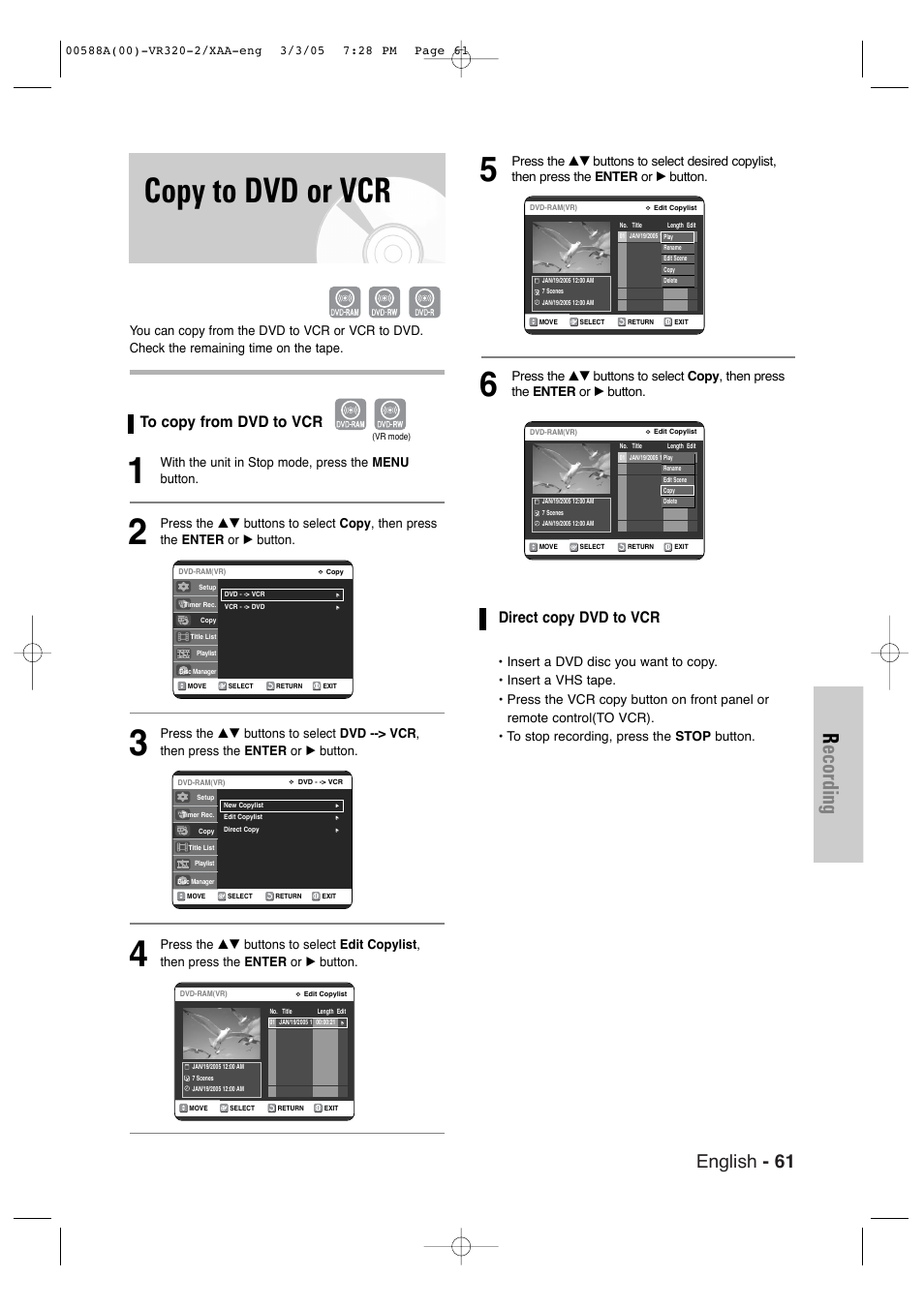 Copy to dvd or vcr, Recording, English - 61 | Direct copy dvd to vcr | Samsung DVD-VR320-AXAA User Manual | Page 61 / 88