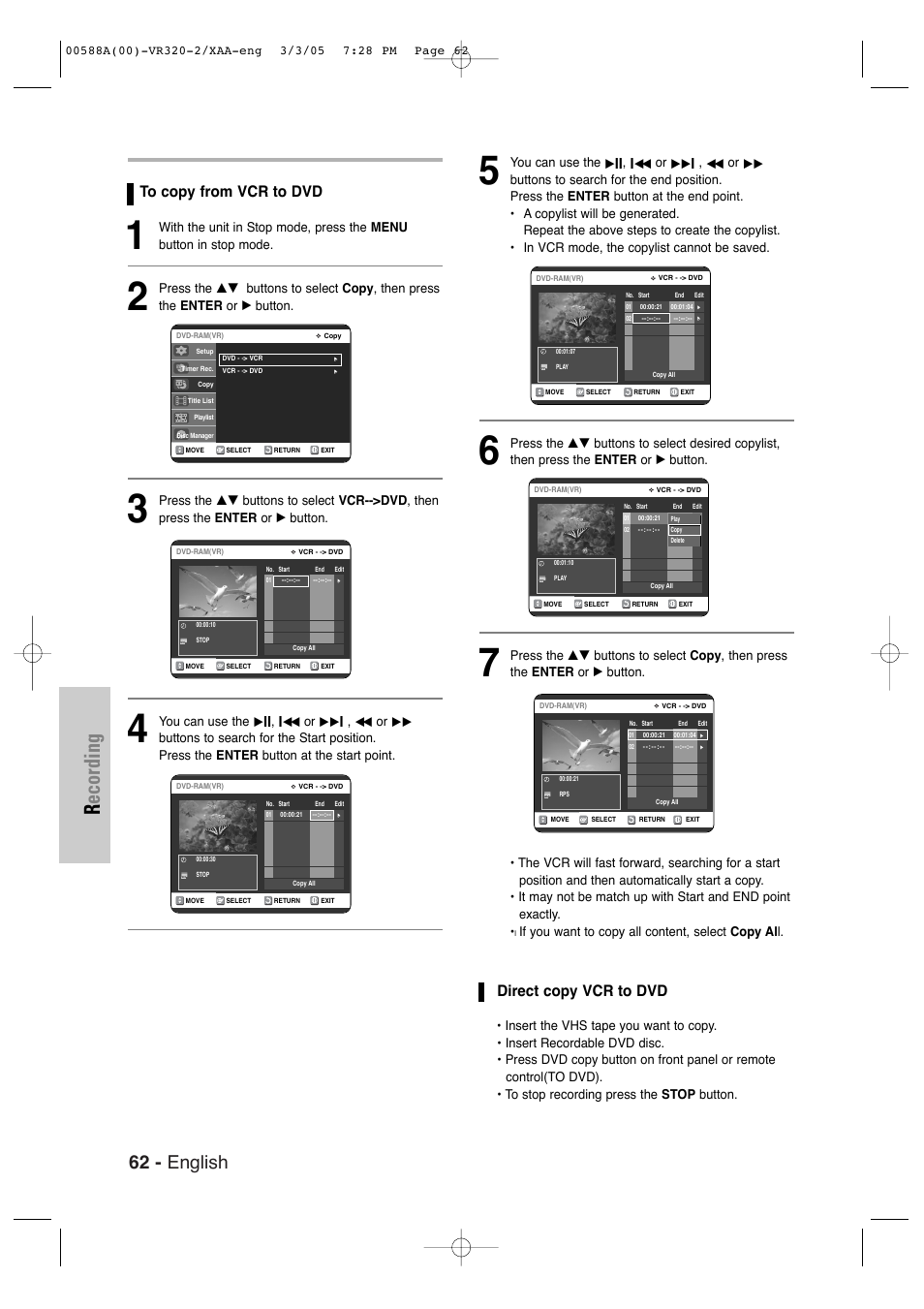Recording, 62 - english, Direct copy vcr to dvd | Samsung DVD-VR320-AXAA User Manual | Page 62 / 88