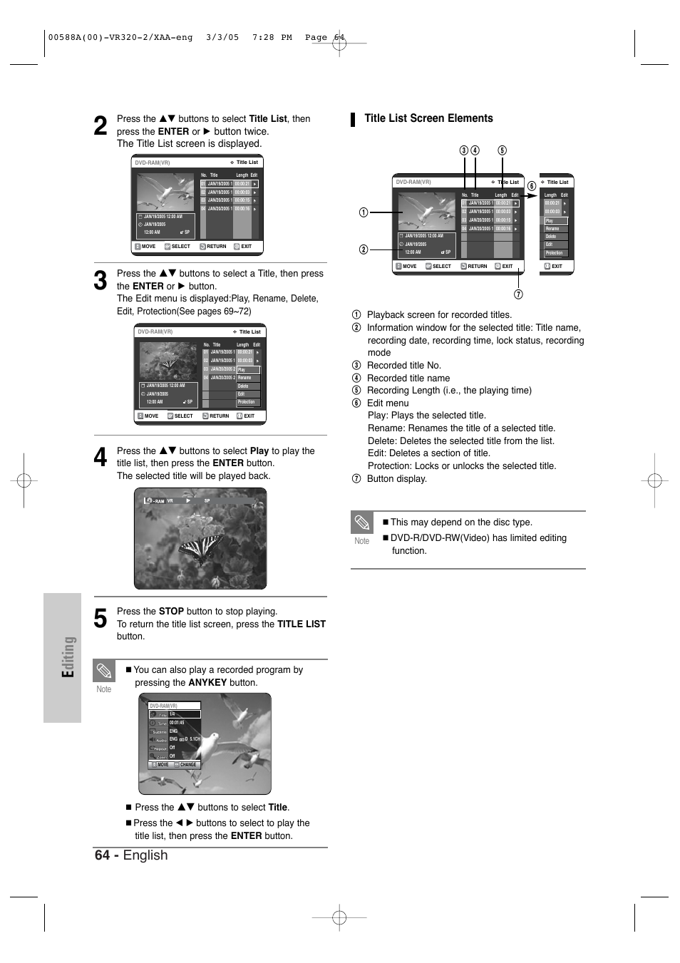 Title list screen elements, Editing, 64 - english | Button twice. the title list screen is displayed, Press the | Samsung DVD-VR320-AXAA User Manual | Page 64 / 88