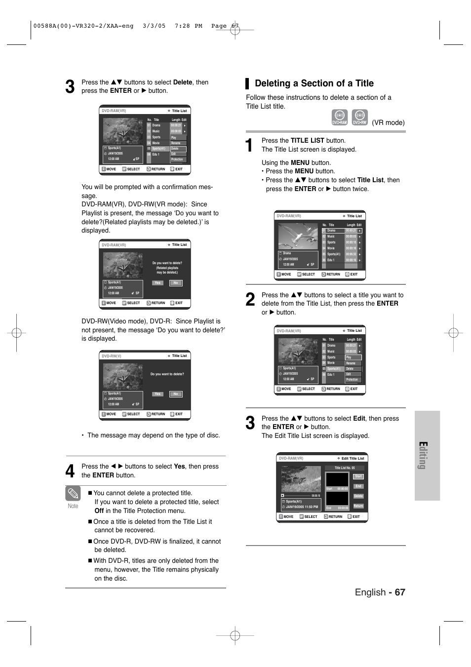 Deleting a section of a title, Editing, English - 67 | Vr mode) | Samsung DVD-VR320-AXAA User Manual | Page 67 / 88