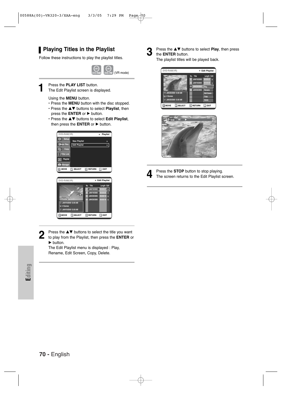 Playing titles in the playlist, Editing, 70 - english | Samsung DVD-VR320-AXAA User Manual | Page 70 / 88