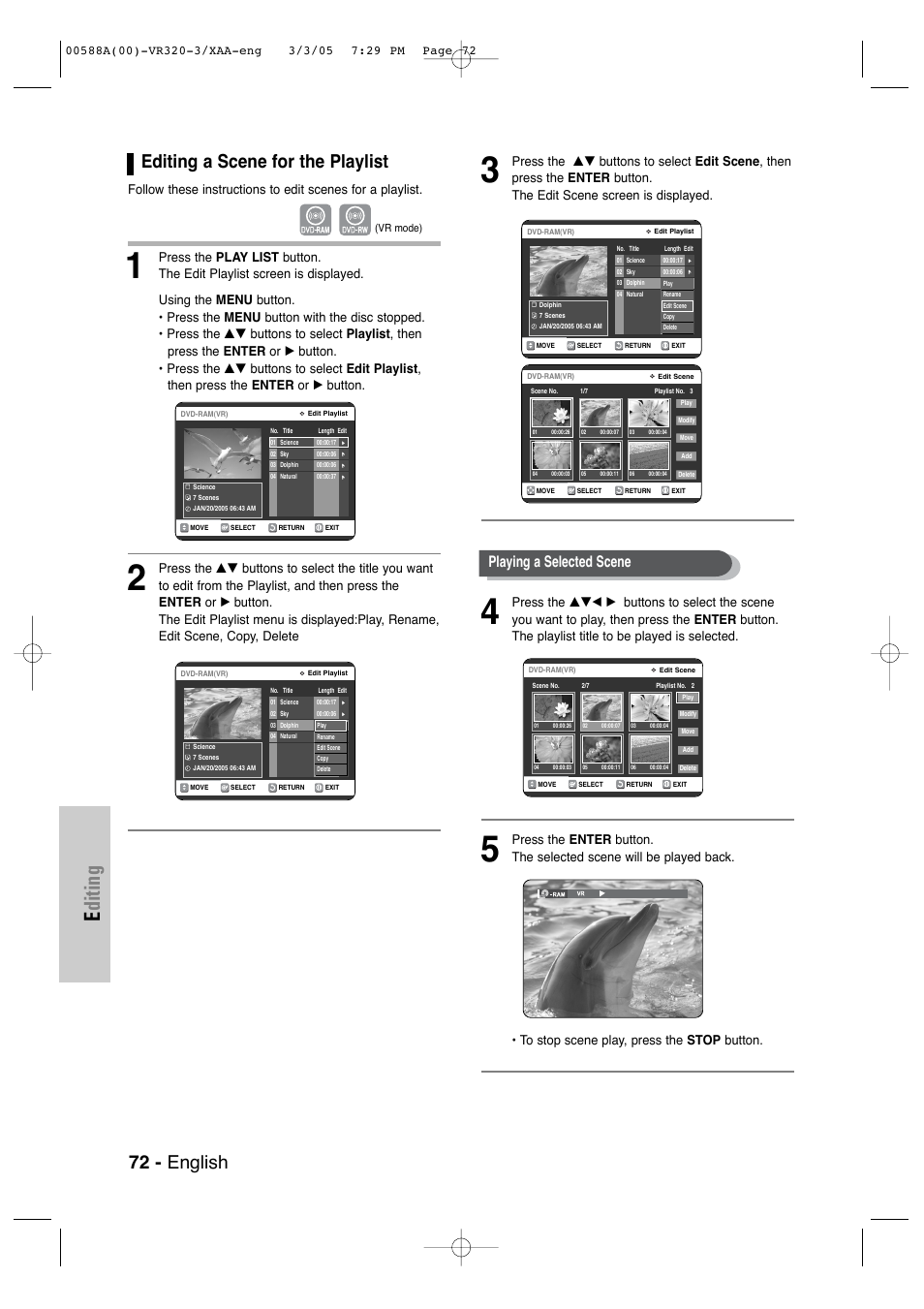 Editing a scene for the playlist, Editing, 72 - english | Playing a selected scene | Samsung DVD-VR320-AXAA User Manual | Page 72 / 88