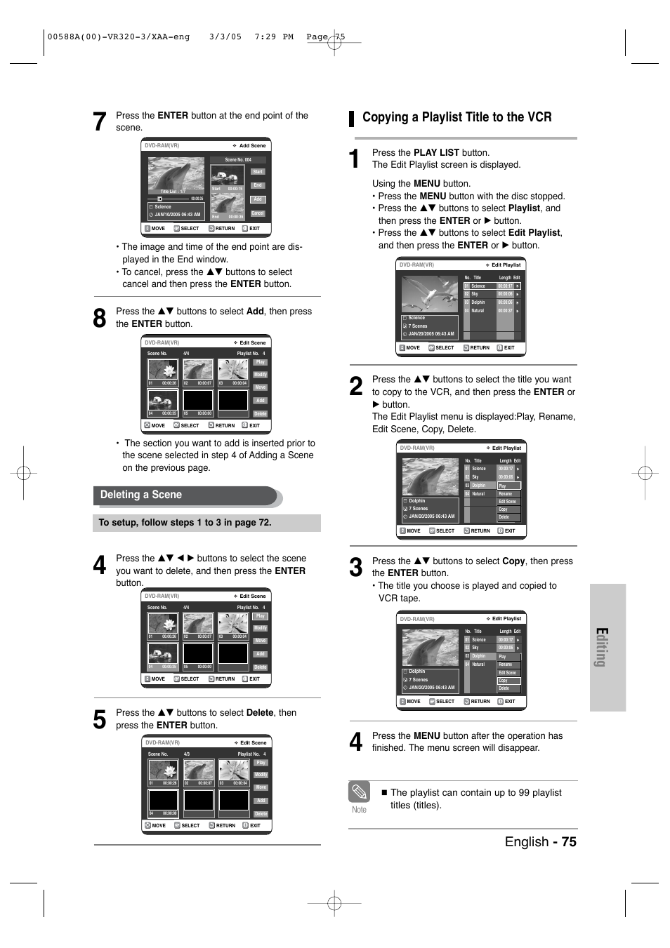 Copying a playlist title to the vcr, Editing, English - 75 | Deleting a scene | Samsung DVD-VR320-AXAA User Manual | Page 75 / 88