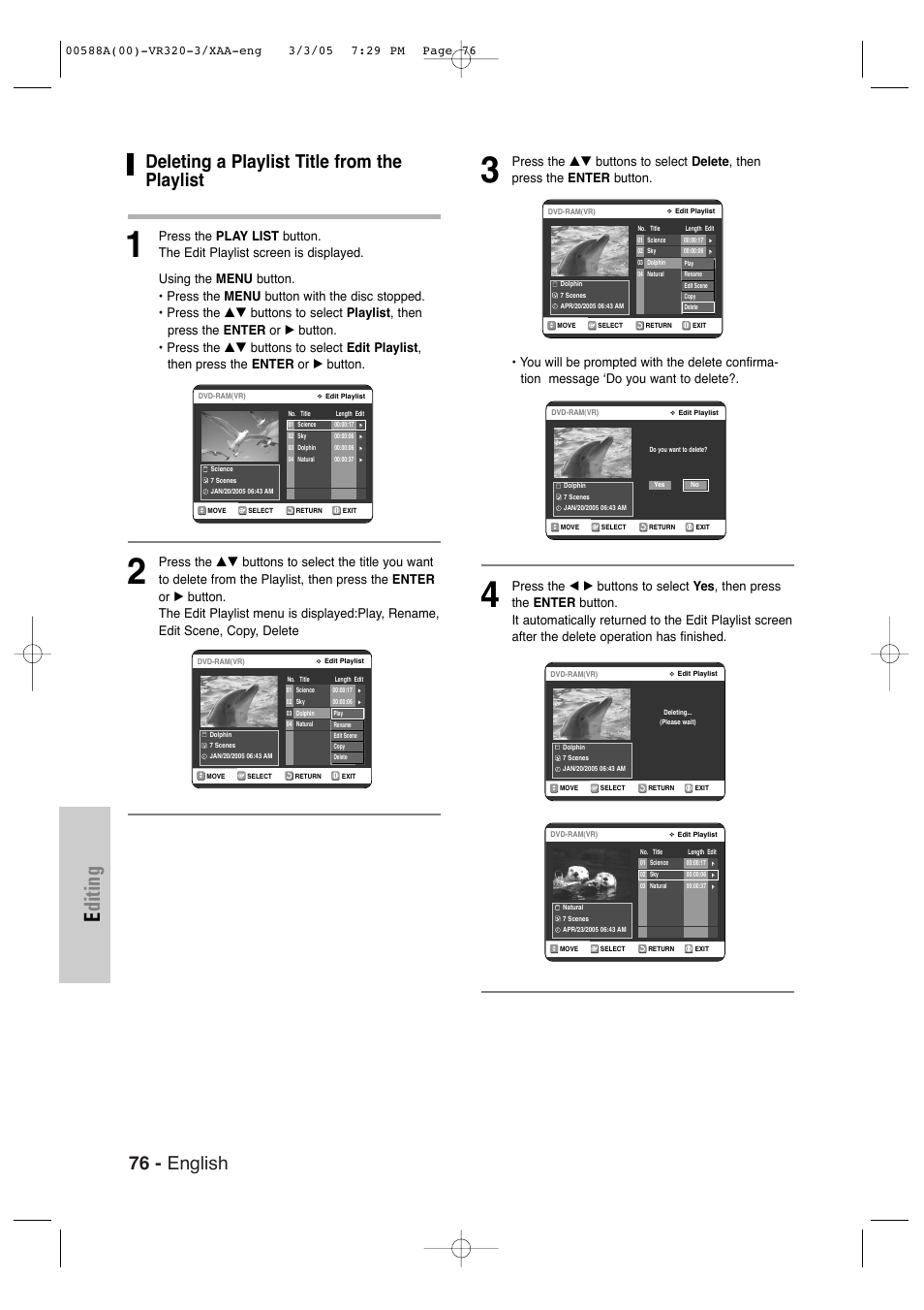 Deleting a playlist title from the playlist, Editing, 76 - english | Samsung DVD-VR320-AXAA User Manual | Page 76 / 88