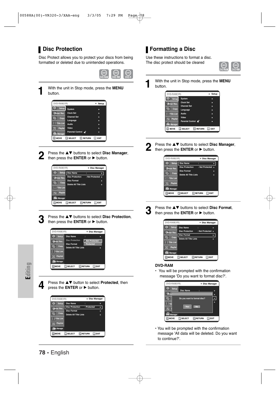Disc protection, Formatting a disc, Editing | 78 - english, With the unit in stop mode, press the menu button | Samsung DVD-VR320-AXAA User Manual | Page 78 / 88