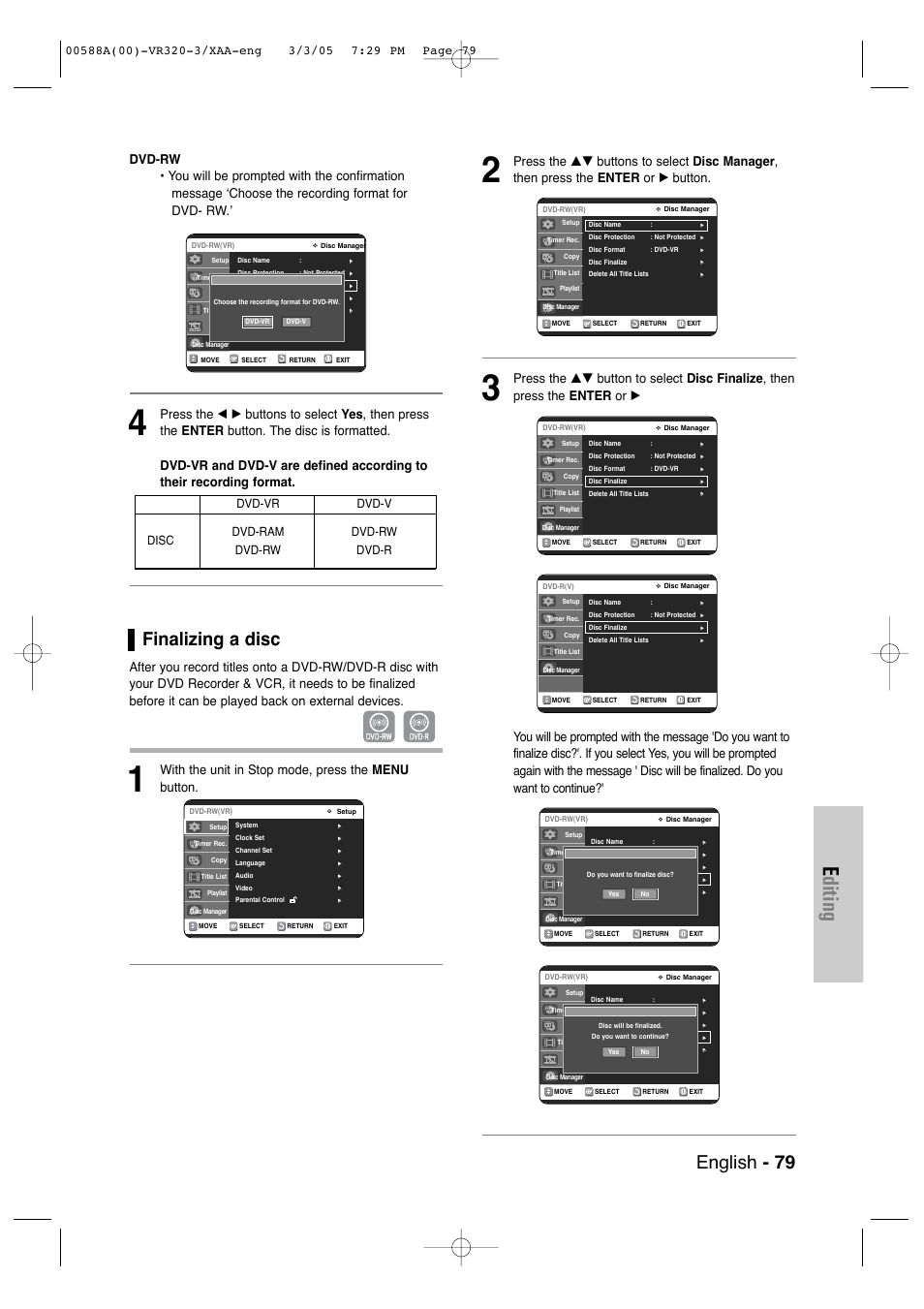 Finalizing a disc, Editing, English - 79 | With the unit in stop mode, press the menu button, Dvd-vr dvd-v dvd-ram dvd-rw dvd-rw dvd-r disc | Samsung DVD-VR320-AXAA User Manual | Page 79 / 88