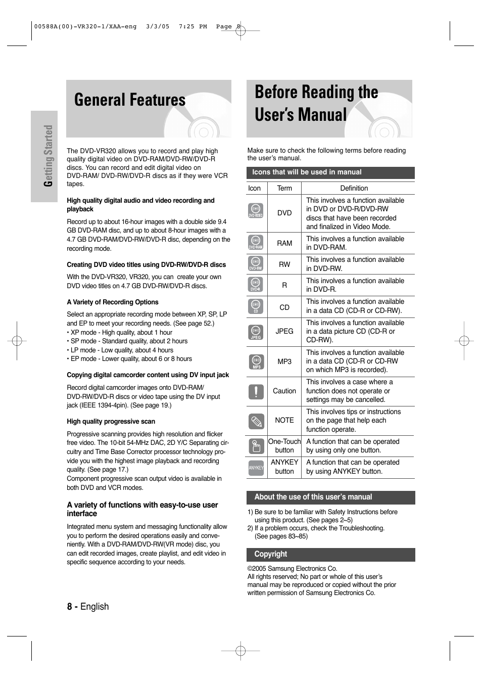 General features, Before reading the user’s manual, Getting started | 8 - english | Samsung DVD-VR320-AXAA User Manual | Page 8 / 88