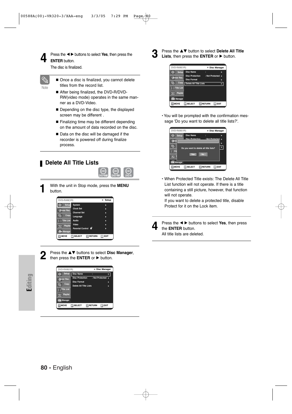 Delete all title lists, Editing, 80 - english | With the unit in stop mode, press the menu button | Samsung DVD-VR320-AXAA User Manual | Page 80 / 88