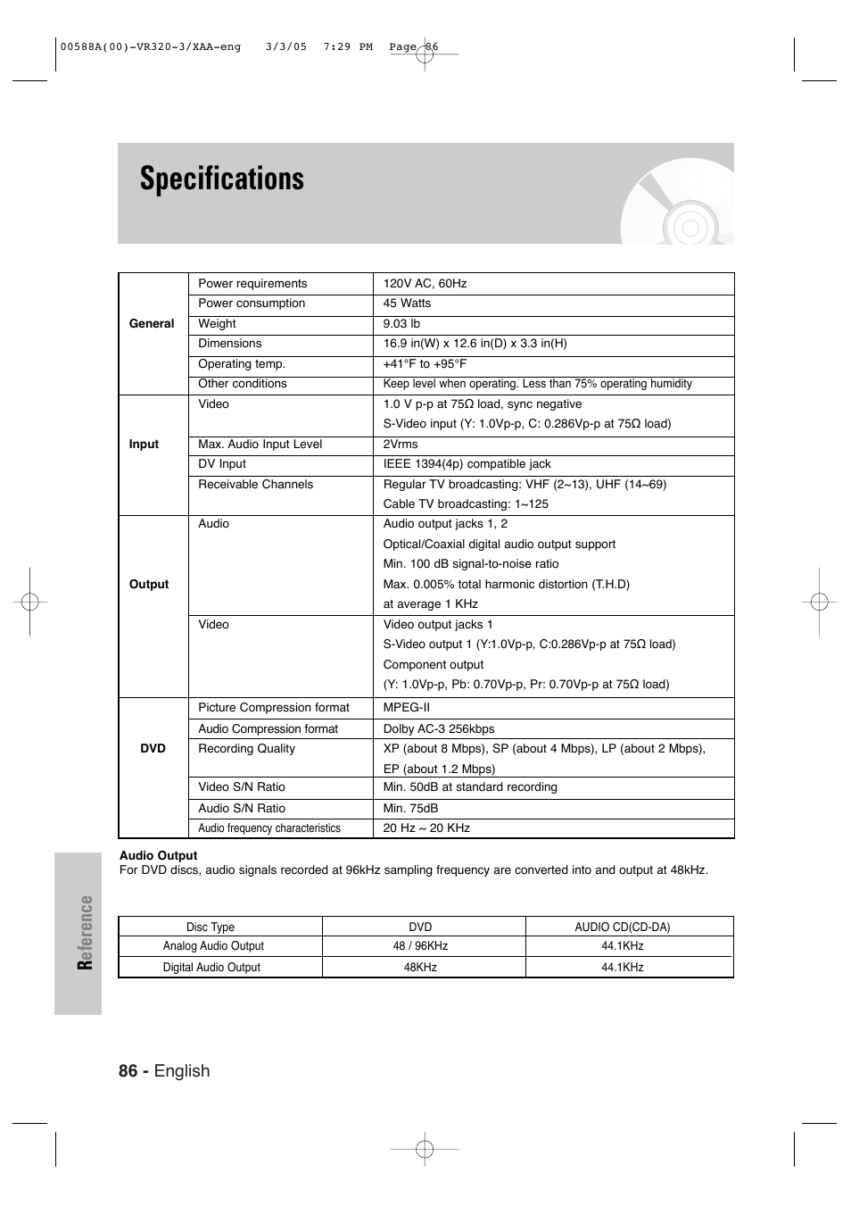 Reference specifications, Specifications, Reference | 86 - english | Samsung DVD-VR320-AXAA User Manual | Page 86 / 88