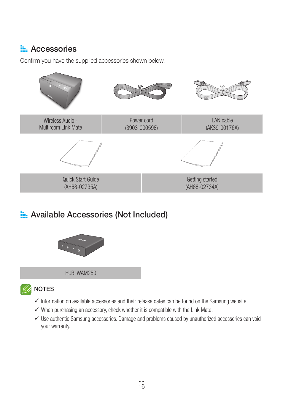 Accessories, Available accessories (not included), Accessories available accessories (not included) | A accessories, A available accessories (not included) | Samsung WAM270-ZA User Manual | Page 16 / 75