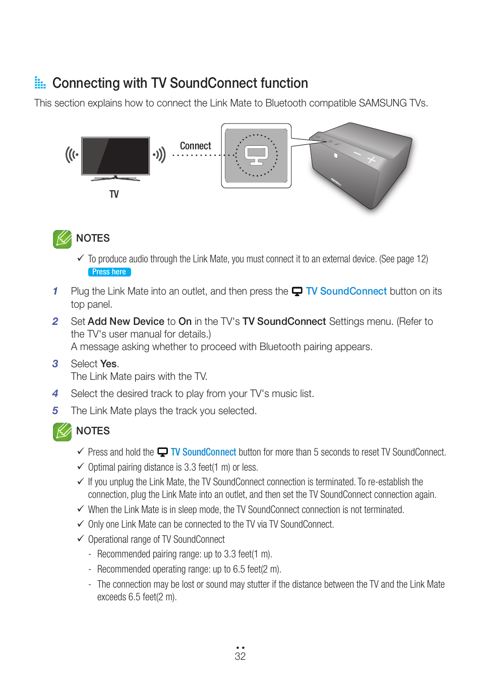 Connecting with tv soundconnect function, A connecting with tv soundconnect function | Samsung WAM270-ZA User Manual | Page 32 / 75