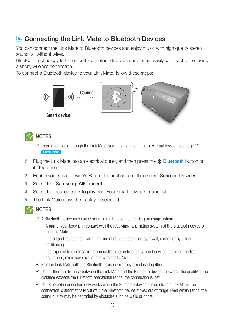 Connecting the link mate to bluetooth devices, Press here, A connecting the link mate to bluetooth devices | Samsung WAM270-ZA User Manual | Page 34 / 75