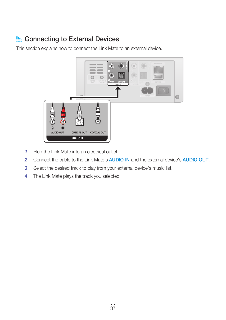 Connecting to external devices, Press here, A connecting to external devices | Samsung WAM270-ZA User Manual | Page 37 / 75