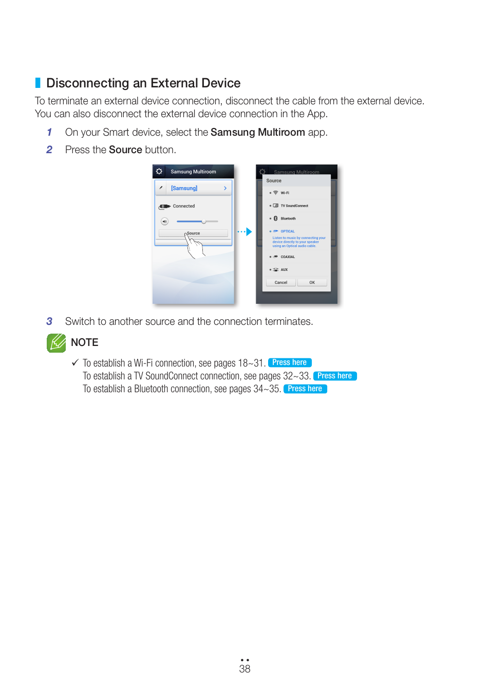 Disconnecting an external device | Samsung WAM270-ZA User Manual | Page 38 / 75