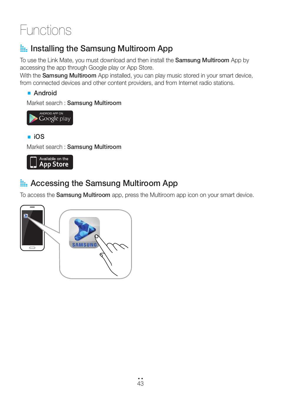 Functions, Installing the samsung multiroom app, Accessing the samsung multiroom app | A installing the samsung multiroom app, A accessing the samsung multiroom app | Samsung WAM270-ZA User Manual | Page 43 / 75
