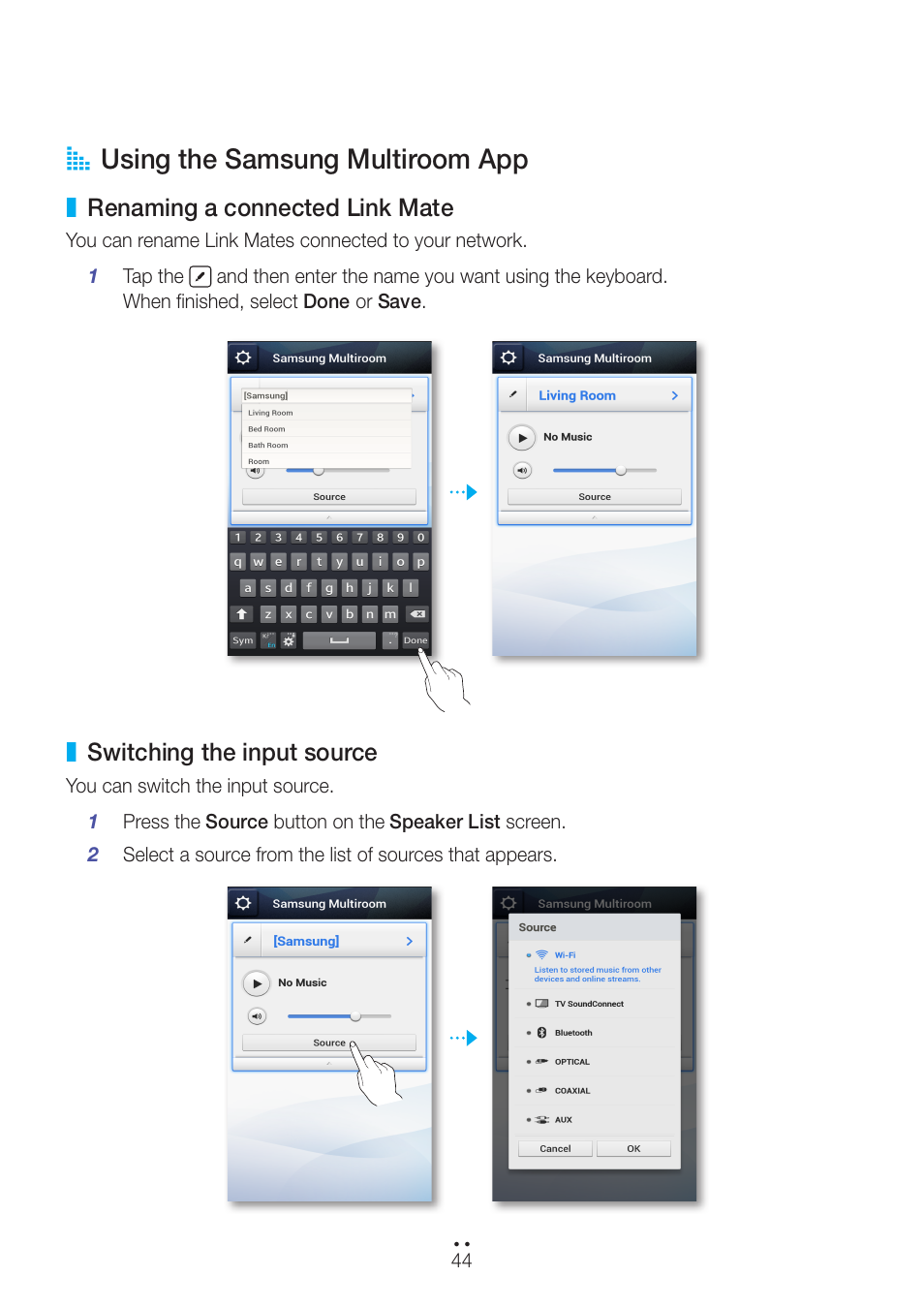 Using the samsung multiroom app, Renaming a connected link mate, Switching the input source | A using the samsung multiroom app | Samsung WAM270-ZA User Manual | Page 44 / 75