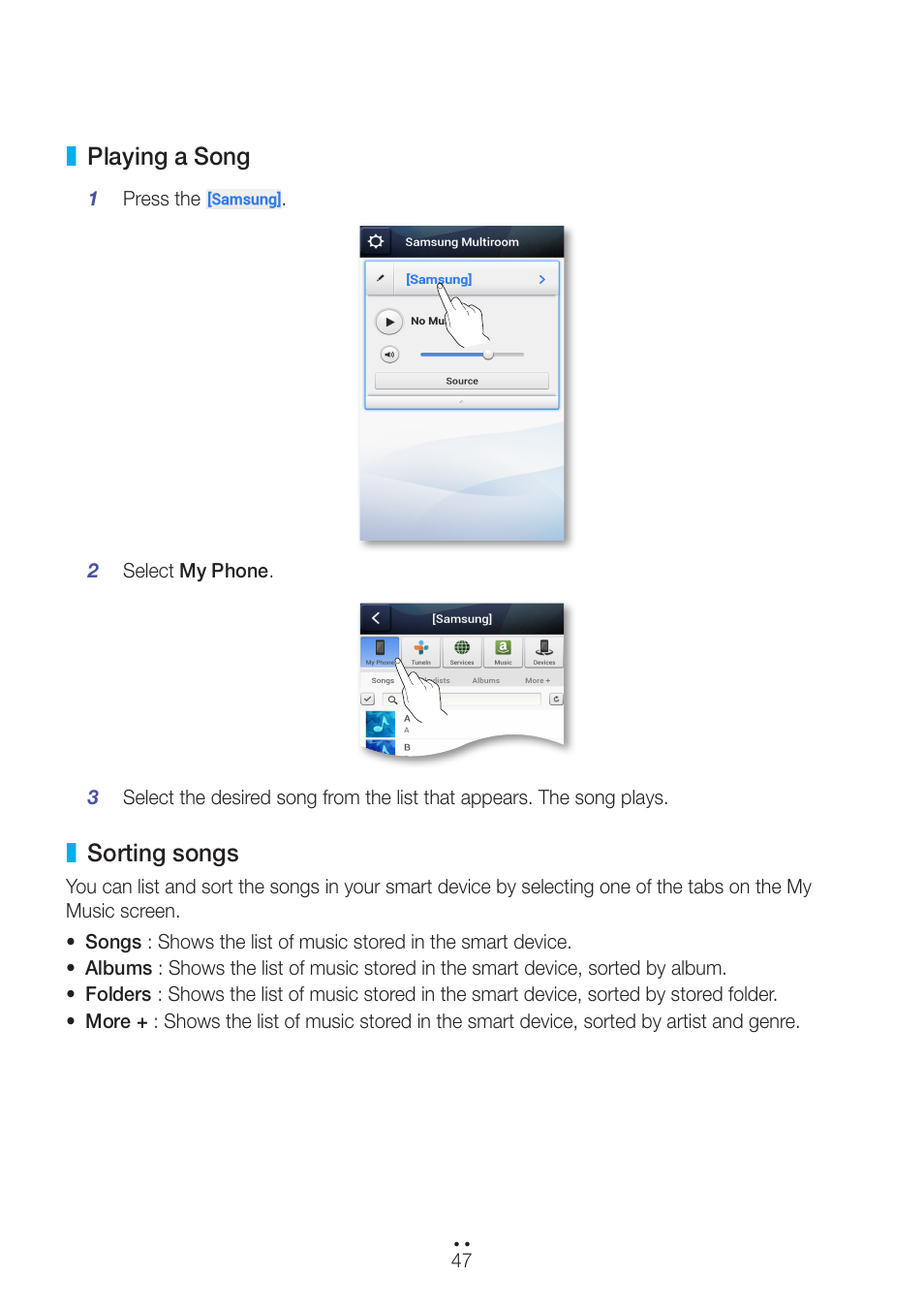 Playing a song, Sorting songs, Playing a song sorting songs | Samsung WAM270-ZA User Manual | Page 47 / 75