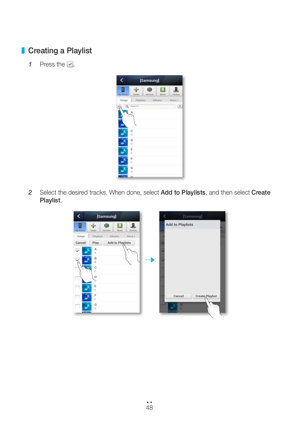 Creating a playlist | Samsung WAM270-ZA User Manual | Page 48 / 75