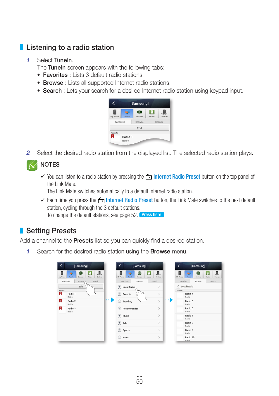Listening to a radio station, Setting presets, Listening to a radio station setting presets | Samsung WAM270-ZA User Manual | Page 50 / 75