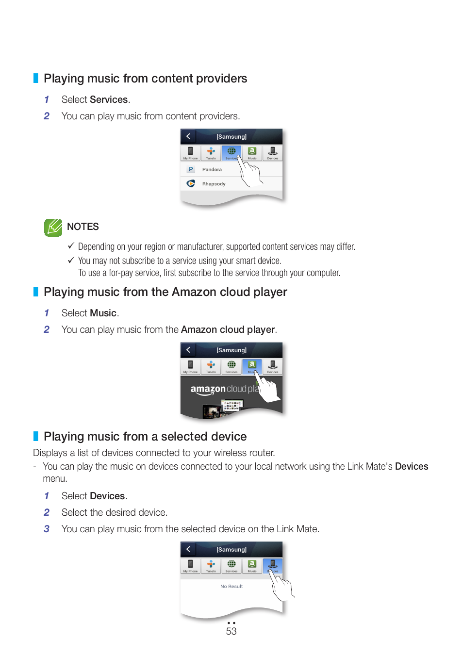 Playing music from content providers, Playing music from the amazon cloud player, Playing music from a selected device | Samsung WAM270-ZA User Manual | Page 53 / 75