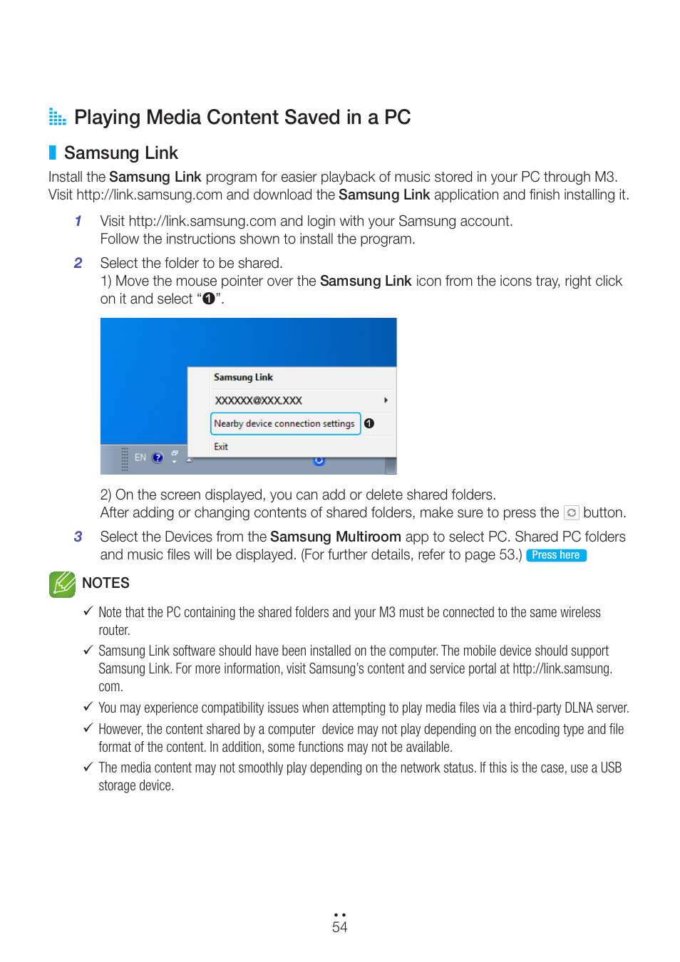 Playing media content saved in a pc, Samsung link, A playing media content saved in a pc | Samsung WAM270-ZA User Manual | Page 54 / 75