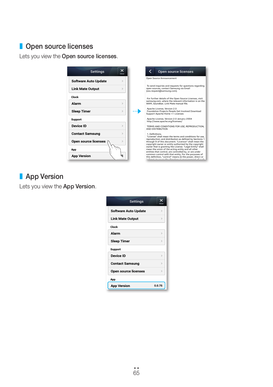 Open source licenses, App version, Open source licenses app version | Samsung WAM270-ZA User Manual | Page 65 / 75