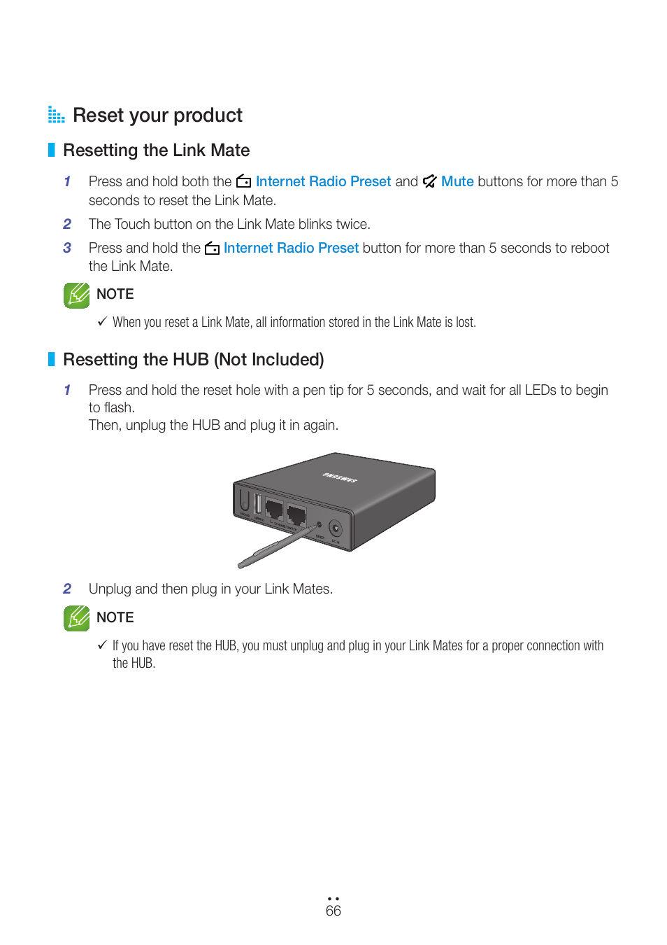 Reset your product, Resetting the link mate, Resetting the hub (not included) | A reset your product | Samsung WAM270-ZA User Manual | Page 66 / 75