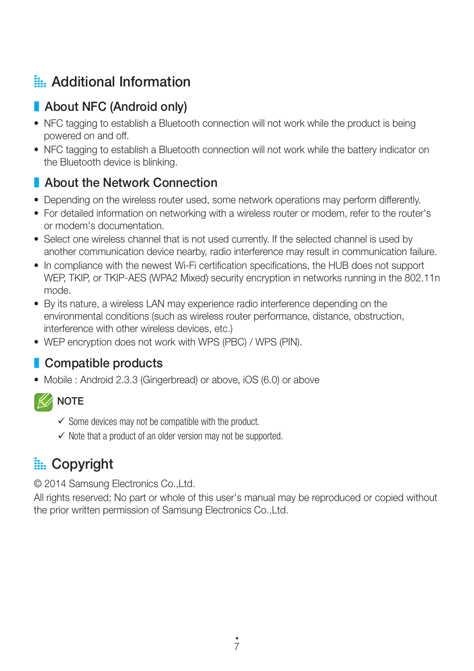 Additional information, About nfc (android only), About the network connection | Compatible products, Copyright, A additional information, A copyright | Samsung WAM270-ZA User Manual | Page 7 / 75