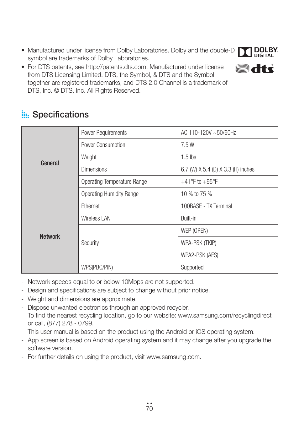 Specifications, A specifications | Samsung WAM270-ZA User Manual | Page 70 / 75