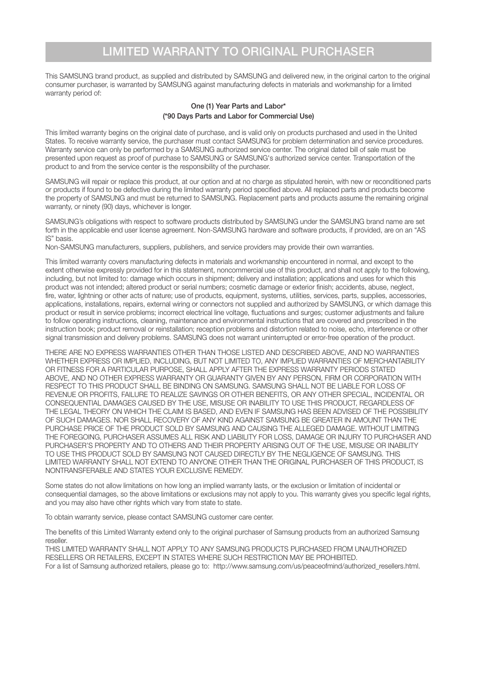 Limited warranty to original purchaser | Samsung WAM270-ZA User Manual | Page 71 / 75