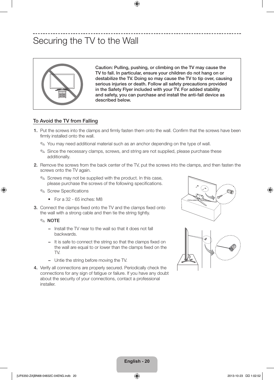 Securing the tv to the wall | Samsung UN40F6350AFXZA User Manual | Page 20 / 26