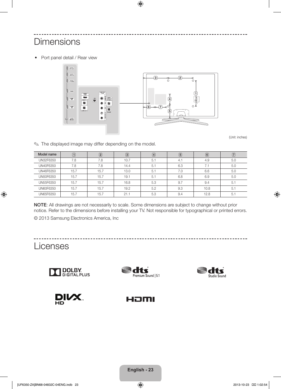 Dimensions, Licenses | Samsung UN40F6350AFXZA User Manual | Page 23 / 26