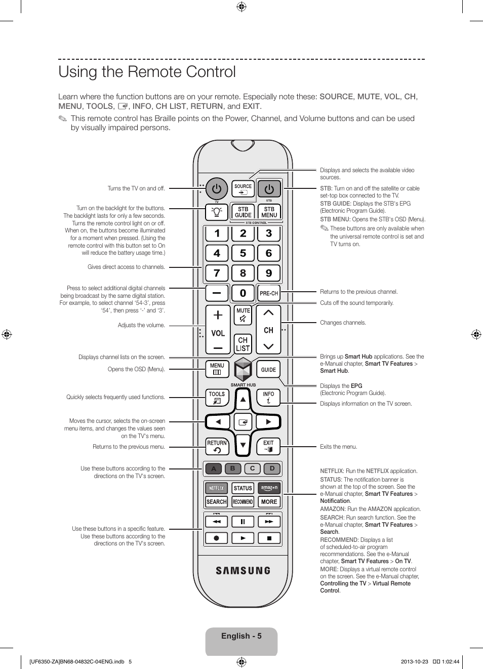 Using the remote control | Samsung UN40F6350AFXZA User Manual | Page 5 / 26