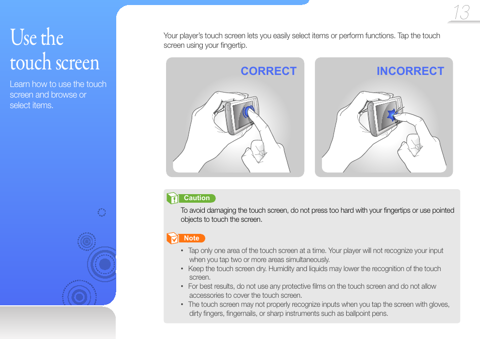 Use the touch screen, Correct incorrect | Samsung YP-R1JCS-XAA User Manual | Page 15 / 95