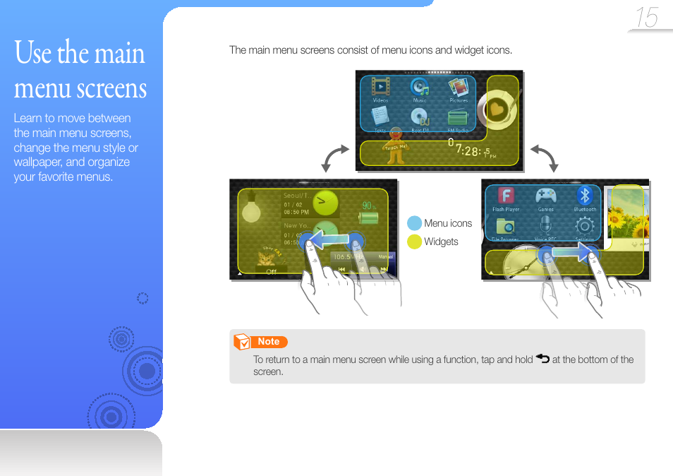 Use the main menu screens | Samsung YP-R1JCS-XAA User Manual | Page 17 / 95