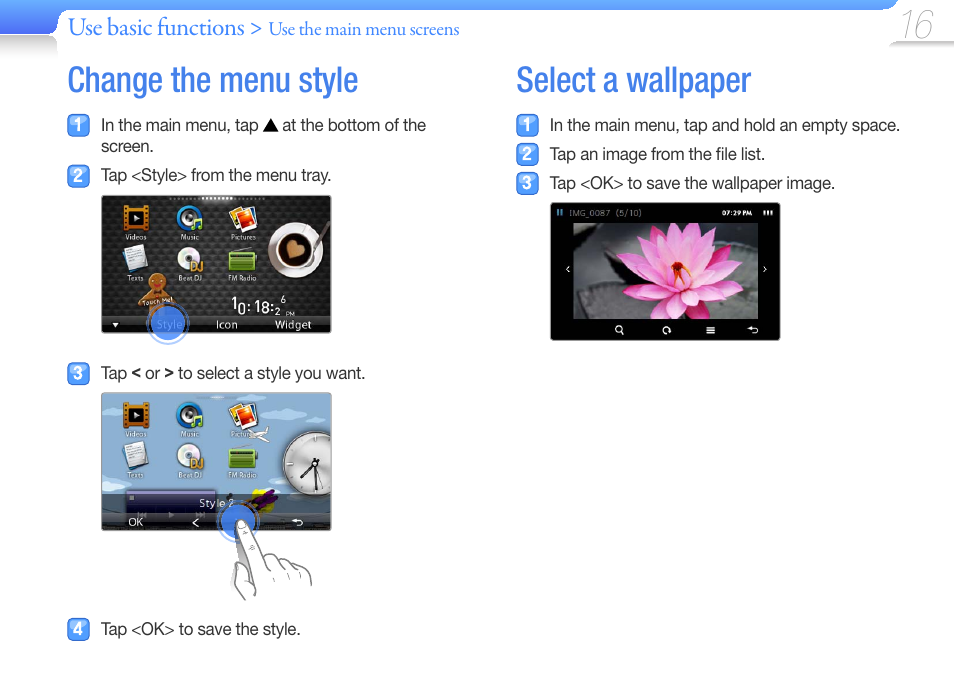 Change the menu style, Select a wallpaper | Samsung YP-R1JCS-XAA User Manual | Page 18 / 95