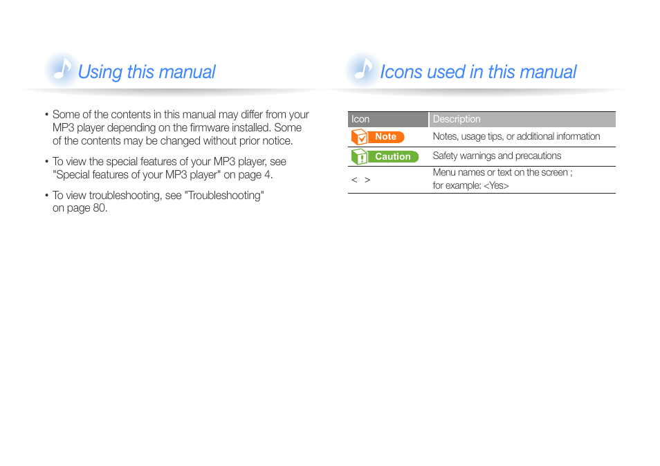 Using this manual, Icons used in this manual | Samsung YP-R1JCS-XAA User Manual | Page 2 / 95