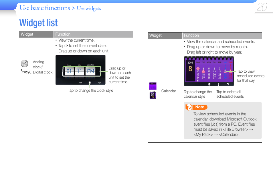 Widget list, Widget, List | For information about your widgets, see, Use basic functions | Samsung YP-R1JCS-XAA User Manual | Page 22 / 95
