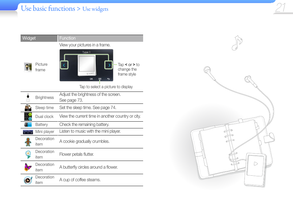 Use basic functions, Use widgets | Samsung YP-R1JCS-XAA User Manual | Page 23 / 95