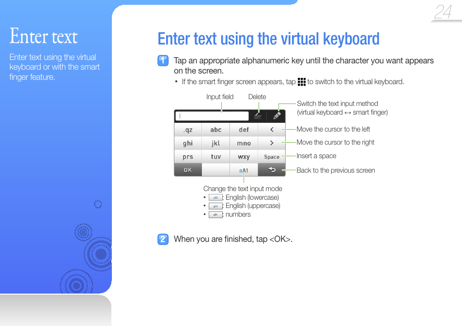 Enter text, Enter text using the virtual keyboard, Enter | Text | Samsung YP-R1JCS-XAA User Manual | Page 26 / 95